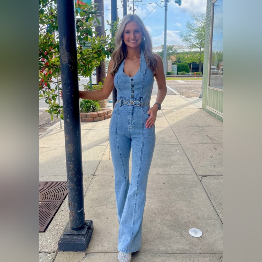 EB Luxe soft Blue Denim Jumpsuit Halter Boot Cut w/Adj Back Strap NWT Asst Sizes